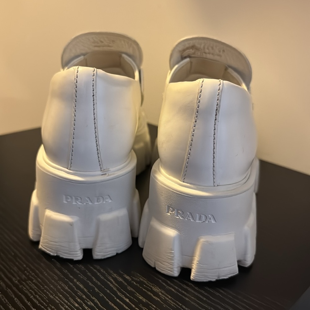 Authentic Prada Moonlith brushed leather platform white loafers size 8 - Picture 4 of 8